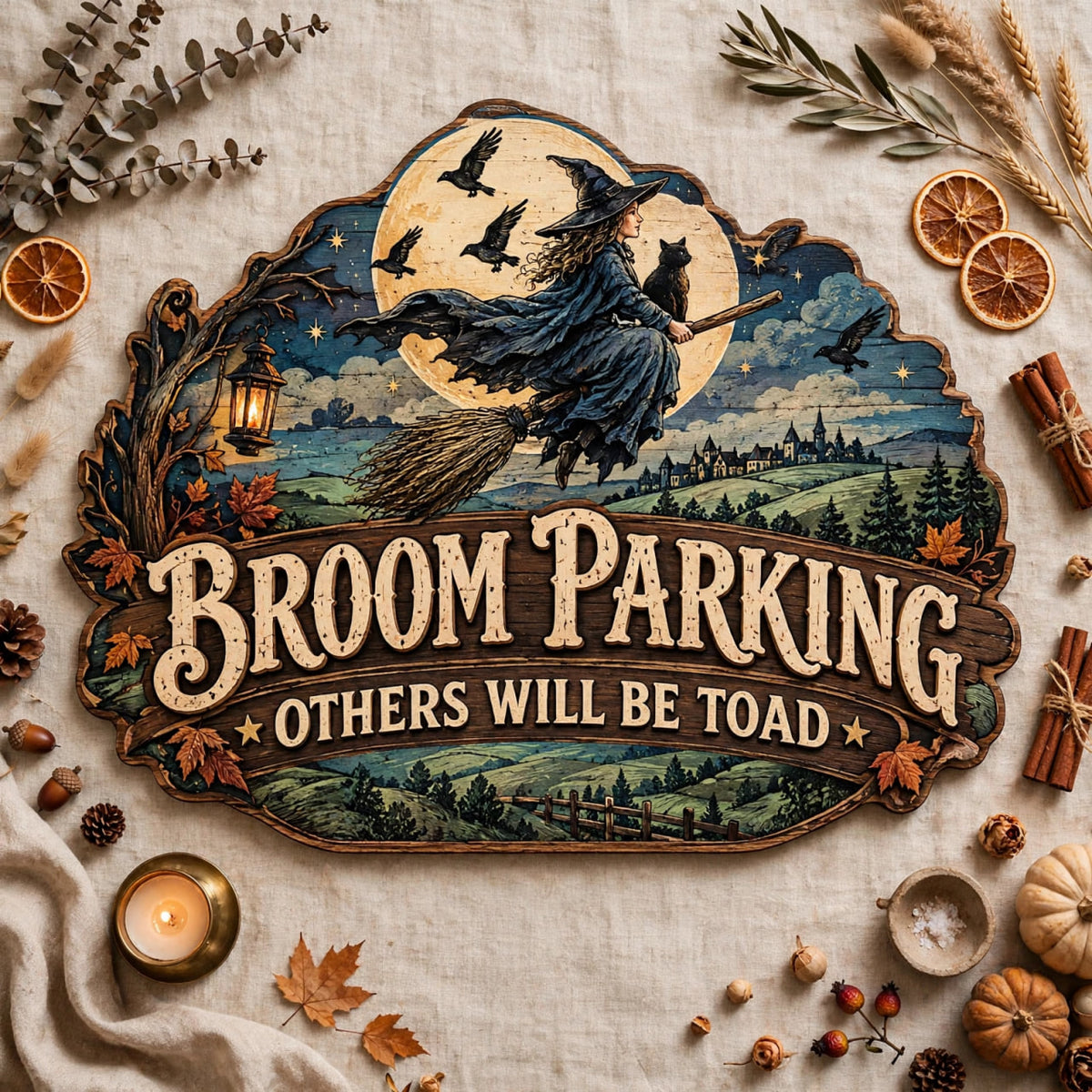 Flying Witch With Crows Broom Parking Sign Others Will Be Toad Wooden Decor