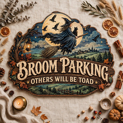 Flying Witch With Crows Broom Parking Sign Others Will Be Toad Wooden Decor