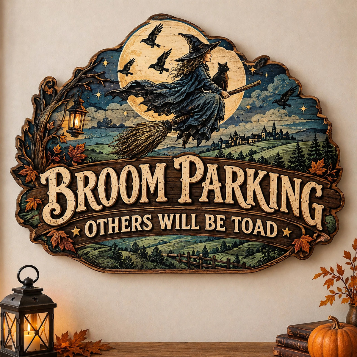 Flying Witch With Crows Broom Parking Sign Others Will Be Toad Wooden Decor