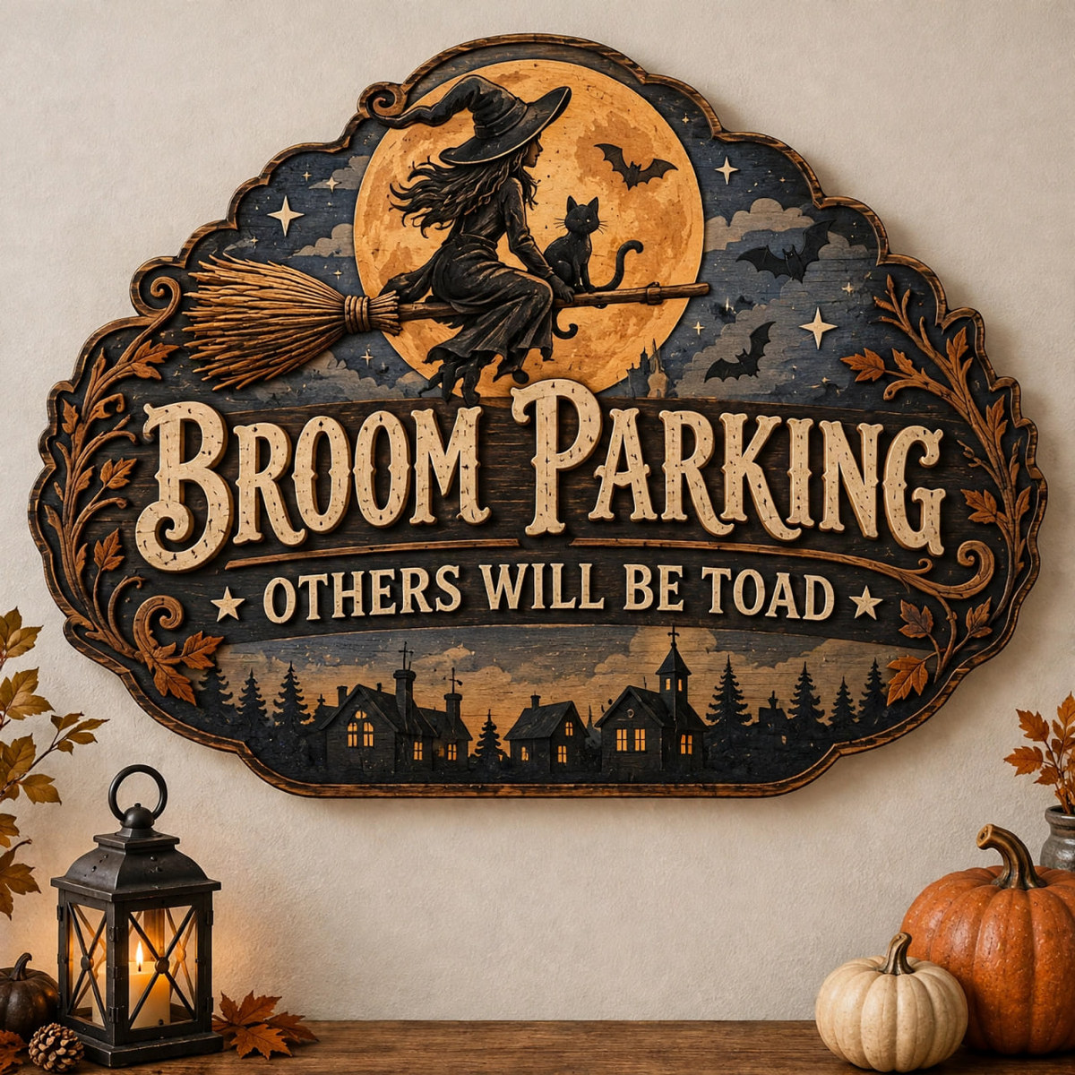Witch & Cat Flying Wood Wall Art, Broom Parking Others Will Be Toad Sign