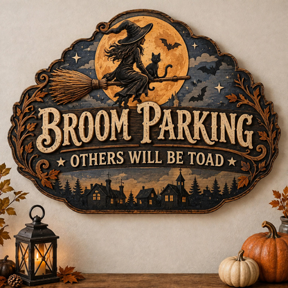 Witch & Cat Flying Wood Wall Art, Broom Parking Others Will Be Toad Sign