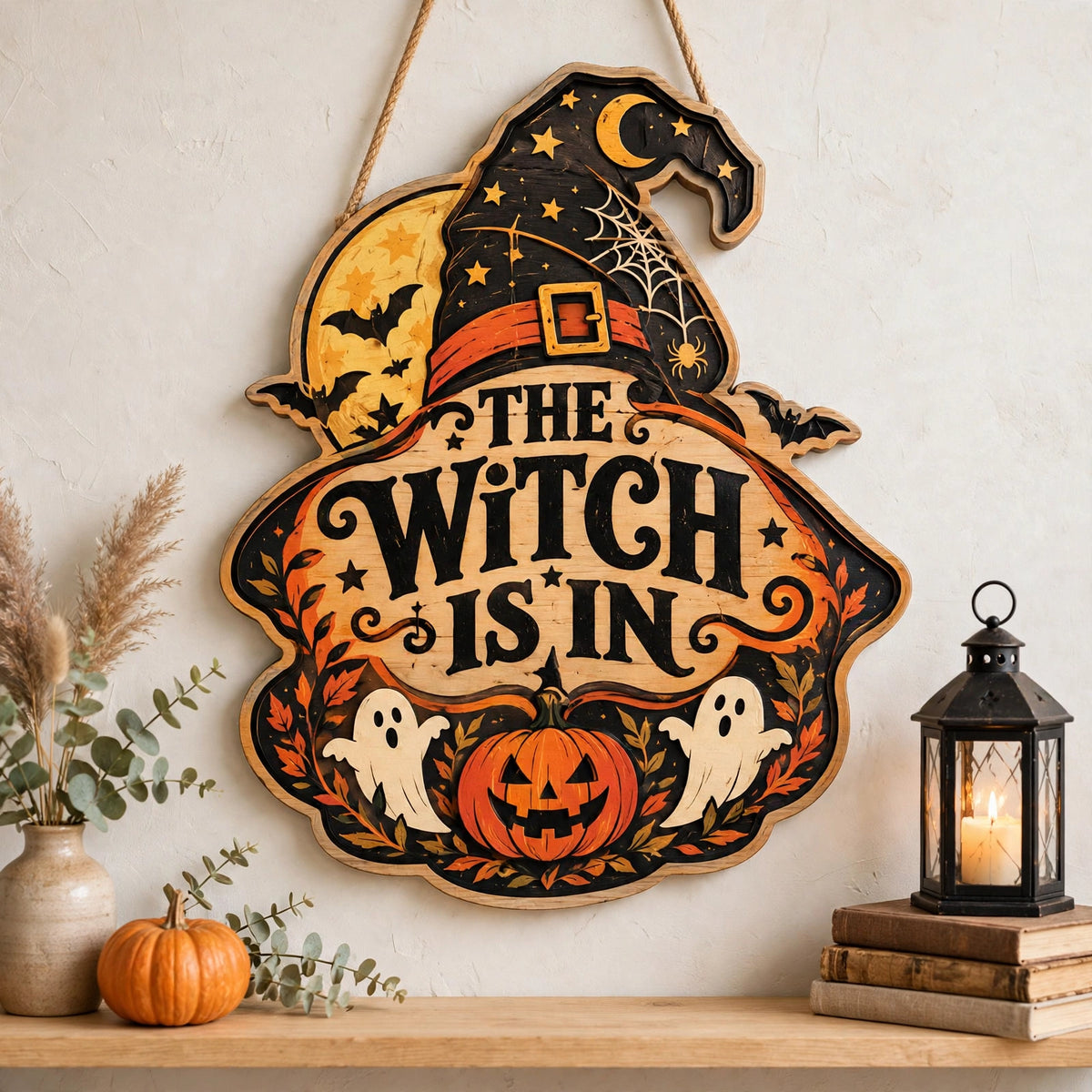 The Witch Is In Wooden Sign Halloween Decor Witch Hat Ghosts
