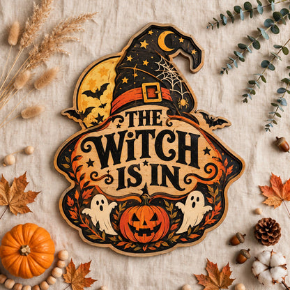 The Witch Is In Wooden Sign Halloween Decor Witch Hat Ghosts