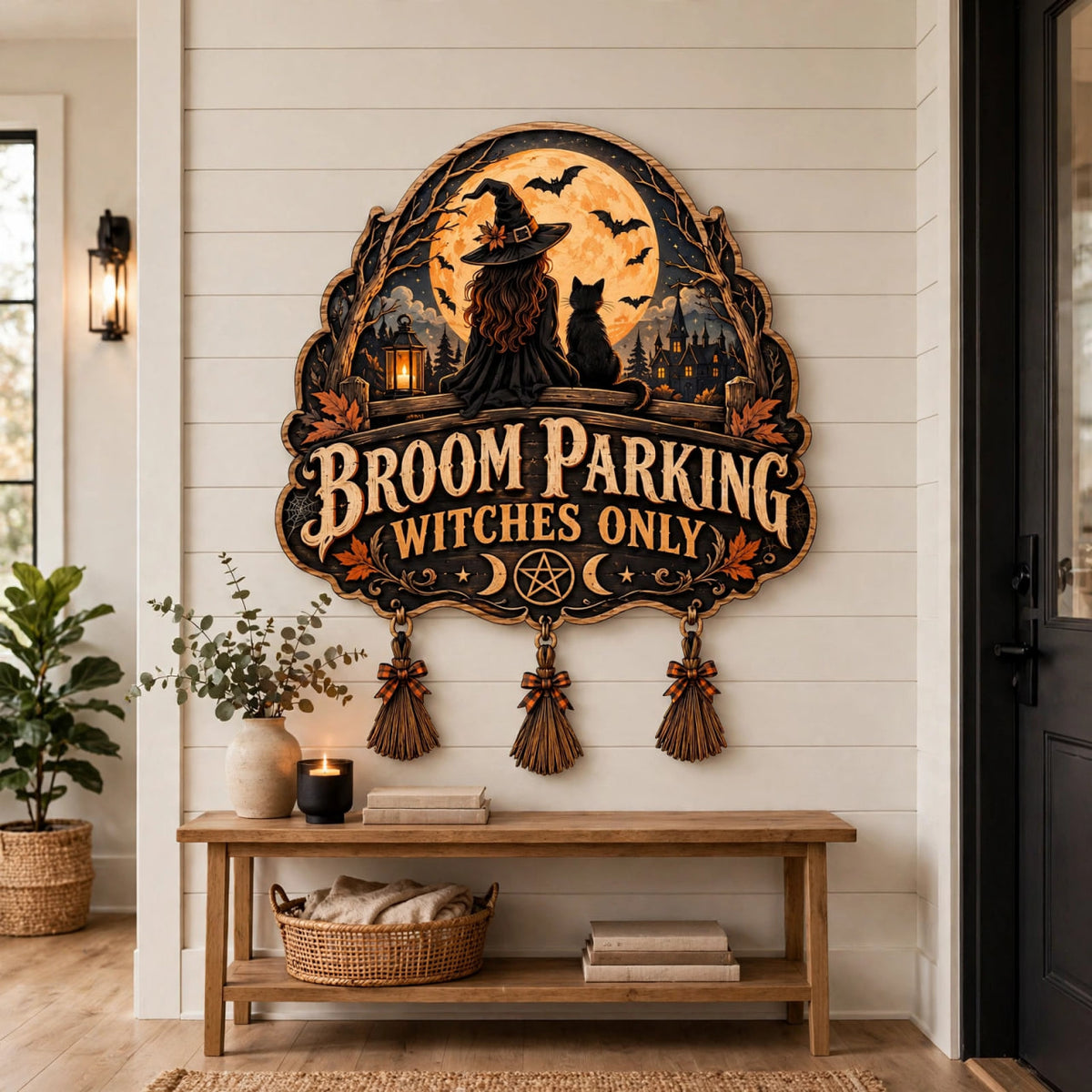 Black Cat Broom Parking Sign, Witchy Wooden Door Hanger Decor