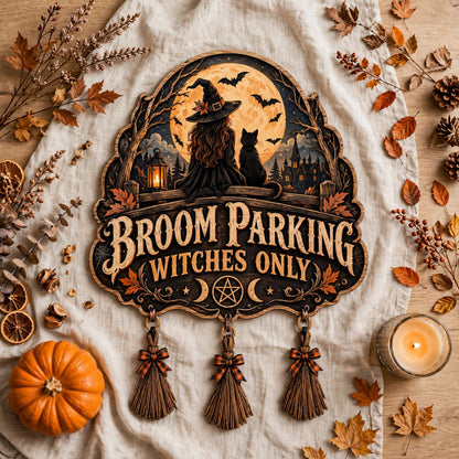 Black Cat Broom Parking Sign, Witchy Wooden Door Hanger Decor
