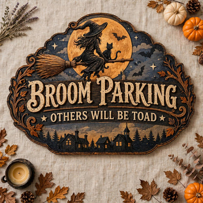 Witch & Cat Flying Wood Wall Art, Broom Parking Others Will Be Toad Sign