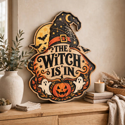 The Witch Is In Wooden Sign Halloween Decor Witch Hat Ghosts