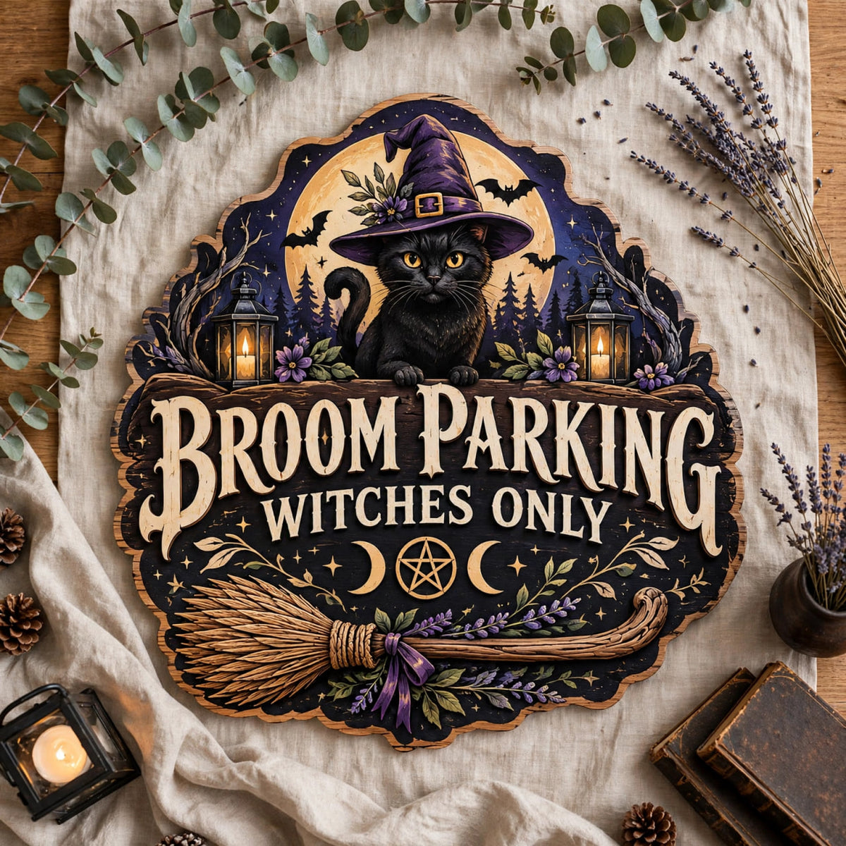Halloween Broom Parking Sign Witches Only Wooden Wall Black Cat Decor