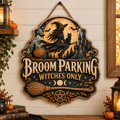 Halloween Broom Parking Sign Flying Witch Wood Decor Spooky
