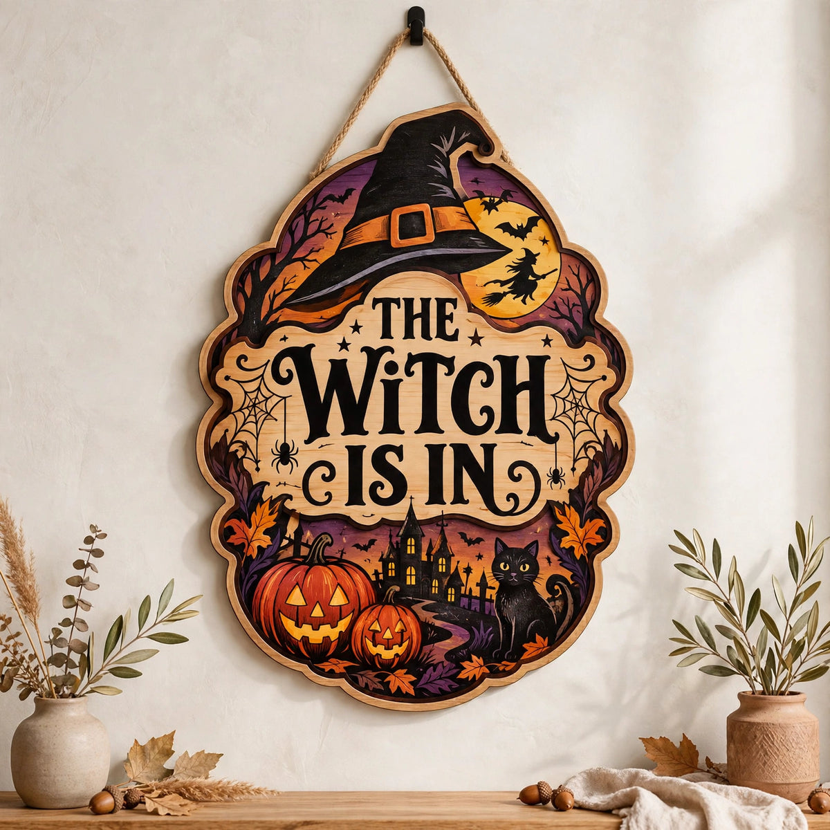 The Witch Is In Wooden Sign Door Hanger For Halloween Witch Hat Black Cat Pumpkin Decor