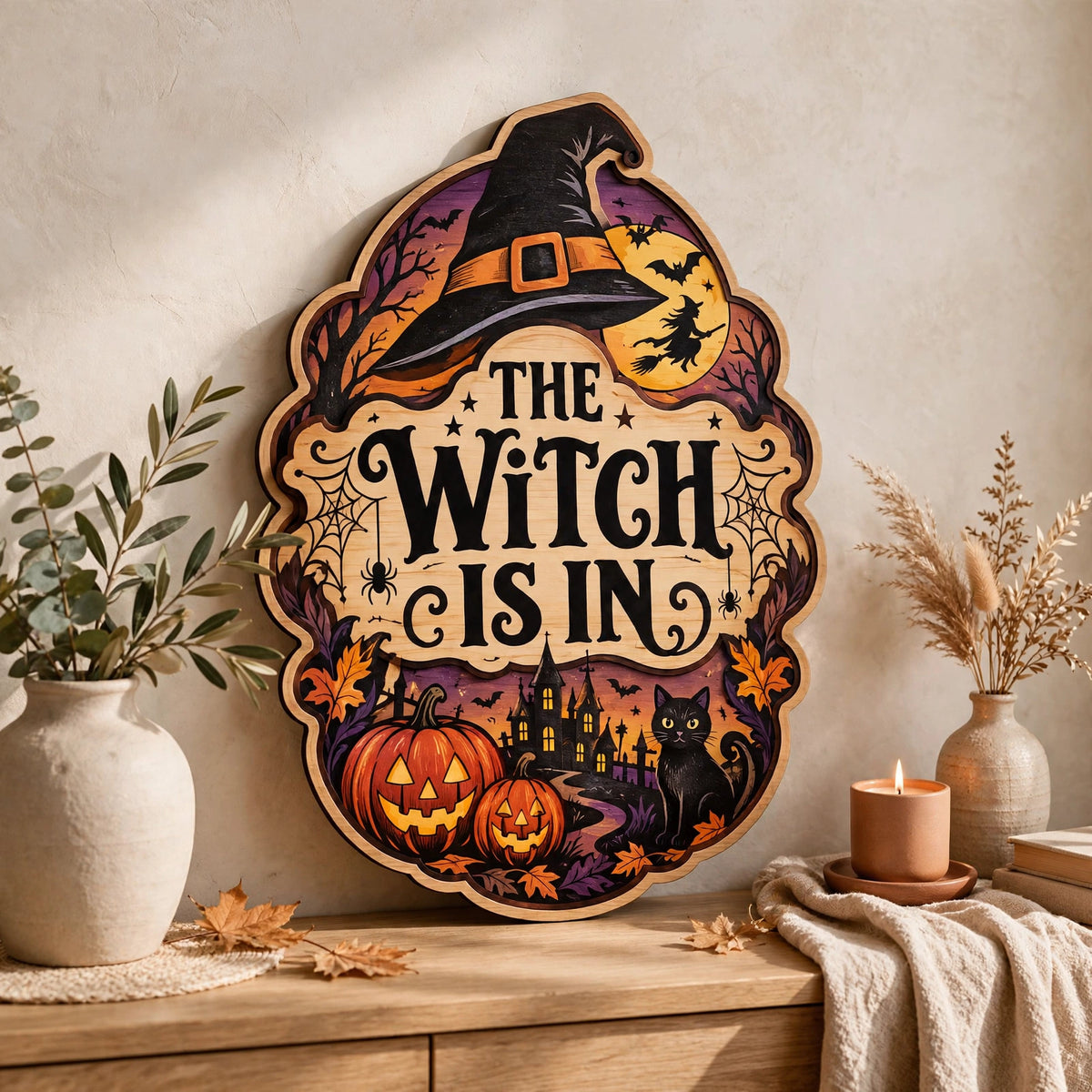 The Witch Is In Wooden Sign Door Hanger For Halloween Witch Hat Black Cat Pumpkin Decor