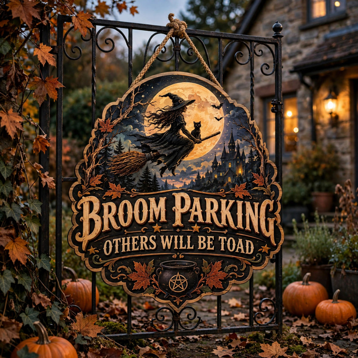 Flying Witch Broom Parking Sign, Spooky Halloween Decor, Wooden Wall Art