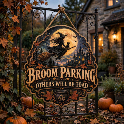 Flying Witch Broom Parking Sign, Spooky Halloween Decor, Wooden Wall Art