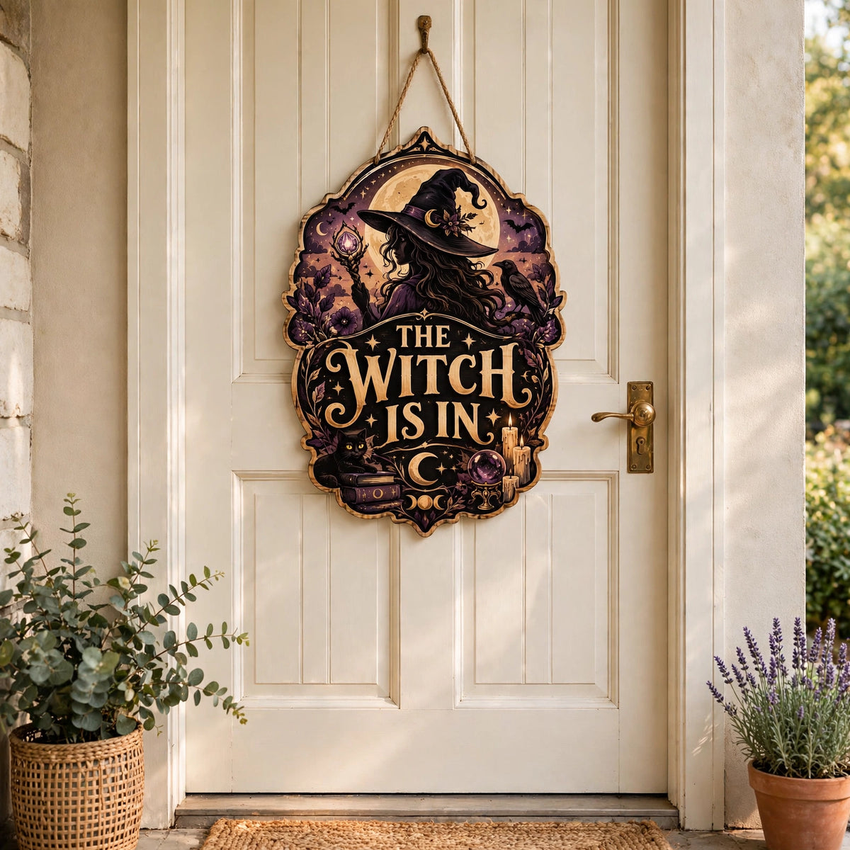 The Witch Is In Wooden Sign, Silhouette Witch Raven Crystal Ball