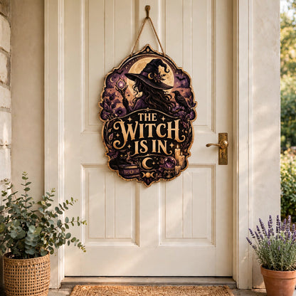 The Witch Is In Wooden Sign, Silhouette Witch Raven Crystal Ball