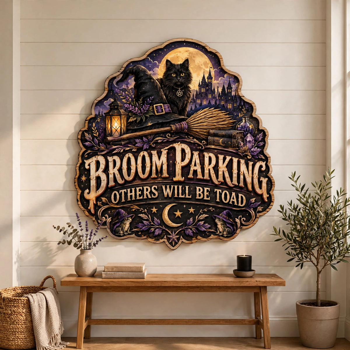 Broom Parking Sign Others Will Be Toad Spooky Porch Decor Black Cat Witch Wooden Sign