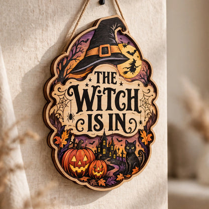 The Witch Is In Wooden Sign Door Hanger For Halloween Witch Hat Black Cat Pumpkin Decor