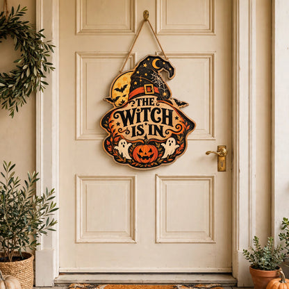 The Witch Is In Wooden Sign Halloween Decor Witch Hat Ghosts